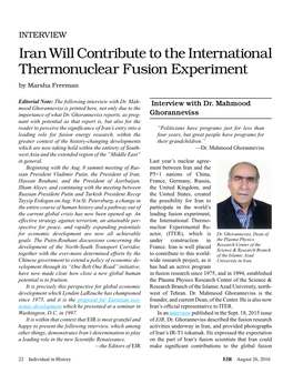 Iran Will Contribute to the International Thermonuclear Fusion Experiment by Marsha Freeman