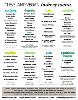 CLEVELAND VEGAN Bakery Menu Cookies Donuts Bars Pastries