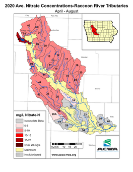 2020 Ave. Nitrate Concentrations-Raccoon River Tributaries April - August Clay Palo Alto