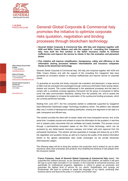 Generali Global Corporate & Commercial Italy Promotes the Initiative to Optimize Corporate Risks Quotation, Negotiation