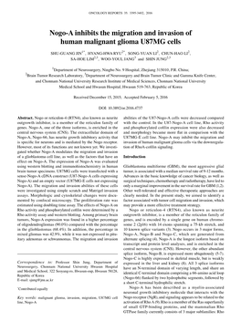 Nogo-A Inhibits the Migration and Invasion of Human Malignant Glioma U87MG Cells