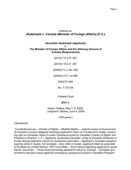 Abdelrazik V. Canada (Minister of Foreign Affairs) (F.C.)