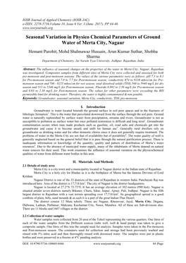 Seasonal Variation in Physico Chemical Parameters of Ground Water of Merta City, Nagaur