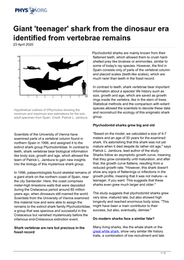 Giant 'Teenager' Shark from the Dinosaur Era Identified from Vertebrae Remains 23 April 2020