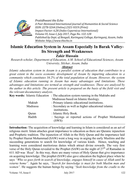 Islamic Education System in Assam Especially in Barak Valley- Its Strength and Weaknesses Zakir Hussain Research Scholar, Department of Education, A.M