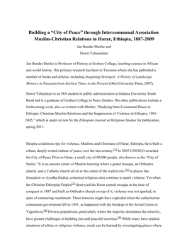 Building a “City of Peace” Through Intercommunal Association Muslim-Christian Relations in Harar, Ethiopia, 1887-2009 Jan Bender Shetler and Dawit Yehualashet