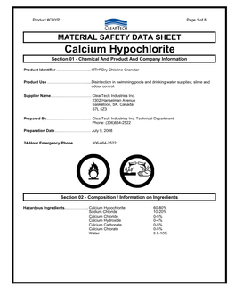 MATERIAL SAFETY DATA SHEET Calcium Hypochlorite Section 01 - Chemical and Product and Company Information