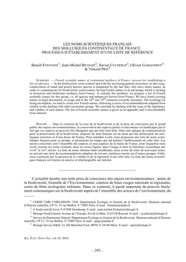 Les Noms Scientifiques Français Des Mollusques Continentaux De France : Processus D’Établissement D’Une Liste De Référence