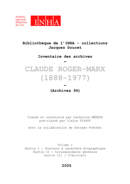 CLAUDE ROGER-MARX (1888-1977) - (Archives 94)