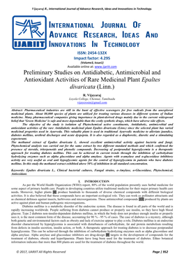 Preliminary Studies on Antidiabetic, Antimicrobial and Antioxidant Activities of Rare Medicinal Plant Epaltes Divaricata (Linn.)