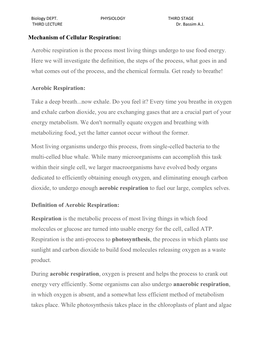 Mechanism of Cellular Respiration: Aerobic Respiration Is the Process