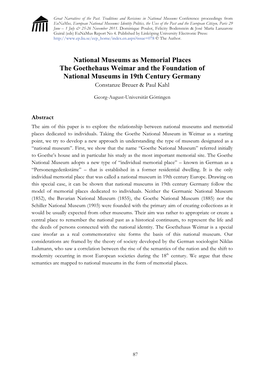 National Museums As Memorial Places the Goethehaus Weimar and the Foundation of National Museums in 19Th Century Germany Constanze Breuer & Paul Kahl