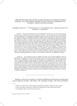 A Precipitous Decline of the Algerian Newt Pleurodeles Poireti Gervais, 1835 and Other Changes in the Status of Amphibians of Numidia, North-Eastern Algeria