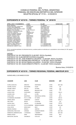 Afa Consejo Federal Del Fútbol Argentino Tribunal De Disciplina Deportiva Del Interior Boletín Oficial Nº 17/19 – 21/03/2019