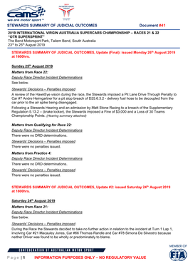 STEWARDS SUMMARY of JUDICIAL OUTCOMES Document #41 Page
