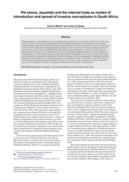 Pet Stores, Aquarists and the Internet Trade As Modes of Introduction and Spread of Invasive Macrophytes in South Africa