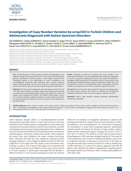 Investigation of Copy Number Variation by Arraycgh in Turkish Children and Adolescents Diagnosed with Autism Spectrum Disorders