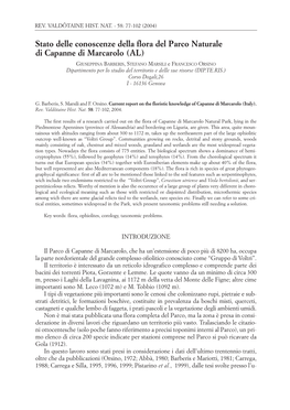 Stato Delle Conoscenze Della Flora Del Parco Naturale Di Capanne Di