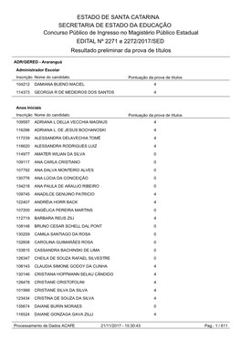 Concurso Público De Ingresso No Magistério Público Estadual EDITAL Nº 2271 E 2272/2017/SED Resultado Preliminar Da Prova De Títulos