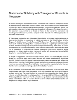 Statement of Solidarity with Transgender Students in Singapore