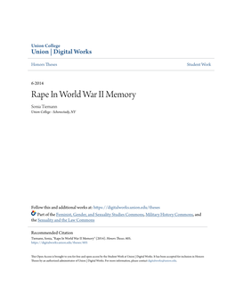 Rape in World War II Memory Sonia Tiemann Union College - Schenectady, NY