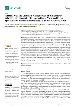 Variability of the Chemical Composition and Bioactivity Between the Essential Oils Isolated from Male and Female Specimens of Hedyosmum Racemosum (Ruiz & Pav.) G