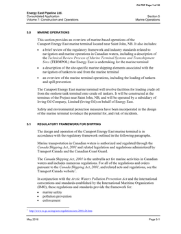 This Section Provides an Overview of Marine-Based Operations of the Canaport Energy East Marine Terminal Located Near Saint John, NB