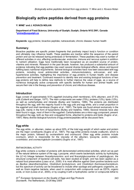 Biologically Active Peptides Derived from Egg Proteins: Y