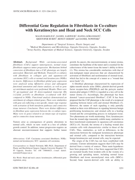 Differential Gene Regulation in Fibroblasts in Co-Culture with Keratinocytes and Head and Neck SCC Cells