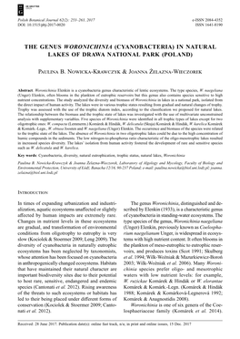 The Genus Woronichinia (Cyanobacteria) in Natural Lakes of Drawa National Park (Poland)