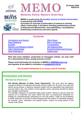 MEMO Is Produced by the Scottish Council of Jewish Communities in Partnership with BEMIS