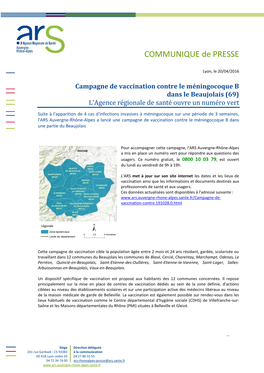 Campagne De Vaccination Contre Le Méningocoque B Dans Le Beaujolais (69) L'agence Régionale De Santé Ouvre Un Numéro Vert