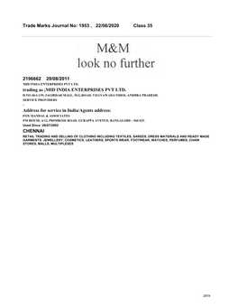 Trade Marks Journal No: 1953 , 22/06/2020 Class 35 2196662 29