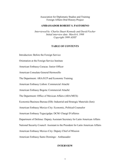 Association for Diplomatic Studies and Training Foreign Affairs Oral History Project AMBASSADOR ROBERT S. PASTORINO Interviewed