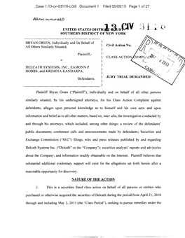 Bryan Green, Et Al. V. Delcath Systems, Inc., Et Al. 13-CV-03116-Class