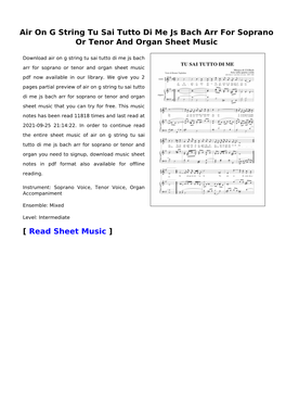 Air on G String Tu Sai Tutto Di Me Js Bach Arr for Soprano Or Tenor and Organ Sheet Music