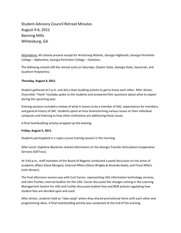 Student Advisory Council Retreat Minutes August 4-6, 2011 Banning Mills Whitesburg, GA