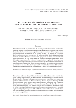 La Configuración Histórica De Las Élites De Honduras Ante El Golpe De Estado Del 2009