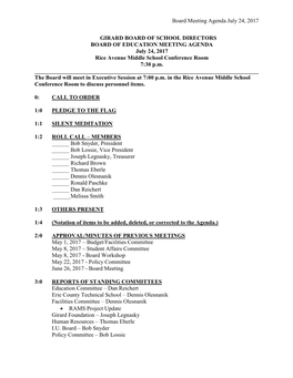 Board Meeting Agenda July 24, 2017 GIRARD BOARD of SCHOOL