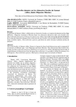 Nouvelles Données Sur Les Rhinocéros Fossiles De Gannat (Allier, Limite Oligocène-Miocène)