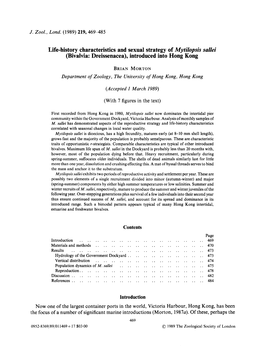 Life-History Characteristics and Sexual Strategy of Mytilopsis Sallei (Bivalvia: Dreissenacea), Introduced Into Hong Kong