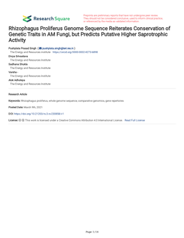 Rhizophagus Proliferus Genome Sequence Reiterates Conservation of Genetic Traits in AM Fungi, but Predicts Putative Higher Saprotrophic Activity