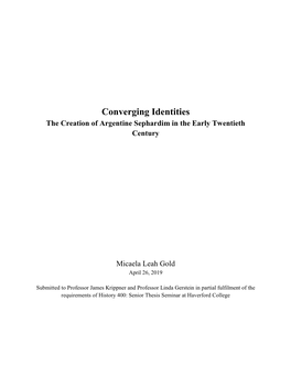 Converging Identities the Creation of Argentine Sephardim in the Early Twentieth Century
