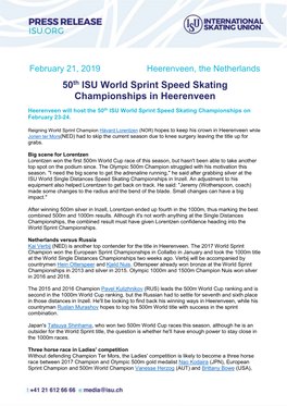 50Th ISU World Sprint Speed Skating Championships in Heerenveen