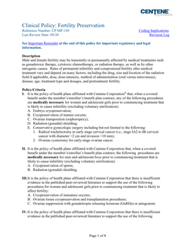 Fertility Preservation Reference Number: CP.MP.130 Coding Implications Last Review Date: 09/20 Revision Log