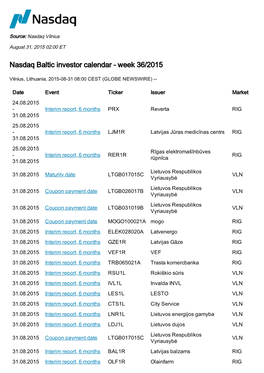 Nasdaq Baltic Investor Calendar - Week 36/2015