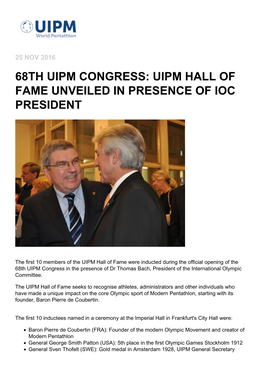 68Th Uipm Congress: Uipm Hall of Fame Unveiled in Presence of Ioc President