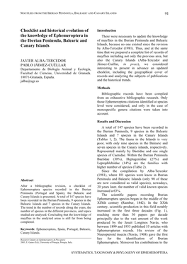 Checklist and Historical Evolution of the Knowledge of Ephemeroptera In