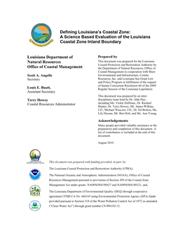 Defining Louisiana's Coastal Zone: a Science Based Evaluation of the Louisiana Coastal Zone Inland Boundary Louisiana Departme