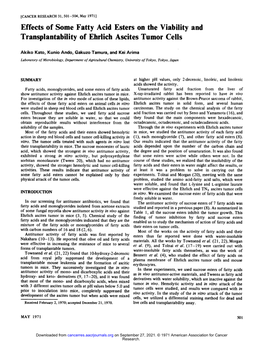 Effects of Some Fatty Acid Esters on the Viability and Transplantability of Ehrlich Ascites Tumor Cells